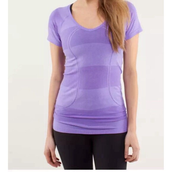 Lululemon Sz 10 Swiftly Tech V Neck Short Sleeve Power Purple Stripe - Picture 1 of 7